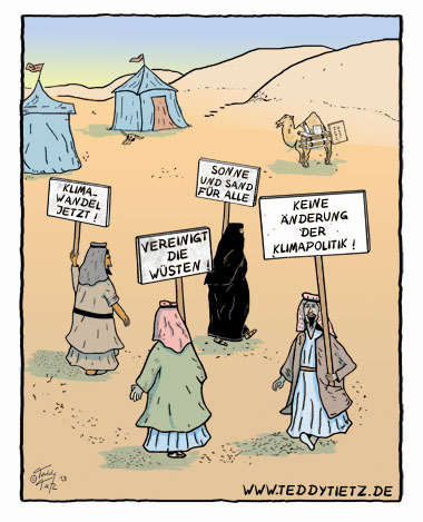 Teddy Tietz Cartoon der Kalenderwoche 14 - Beduinen demonstrieren FÜR Klimawandel
