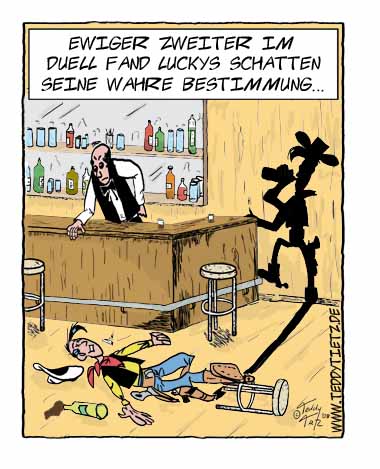 Teddy Tietz Cartoon der Kalenderwoche 19 - Lucky Lukes Schatten säuft Lucky unter den Tisch