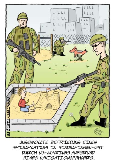Teddy Tietz Cartoon der Kalenderwoche 6 - Marines befrieden Spielplatz.