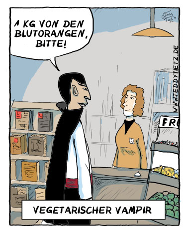 Teddy Tietz Cartoon der Kalenderwoche 48 - Vegetarischer Vampir verlangt Blutorangen