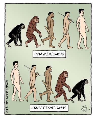 Teddy Tietz Cartoon der Kalenderwoche 16 - Vom Affen zum Menschen wird als Darwinismus, andersherum als Kreationismus dargestellt.