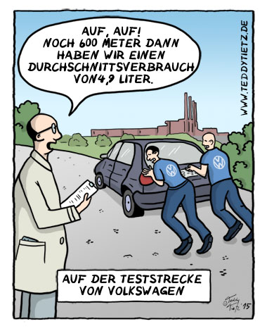 Teddy Tietz Cartoon der Kalenderwoche 43 - Auf der Teststrecke von VW