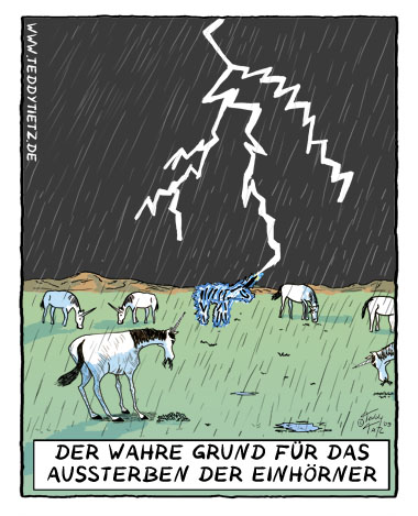 Teddy Tietz Cartoon der Kalenderwoche 48 - Blitz trifft Einhorn genau ins Horn