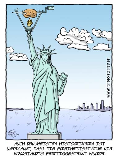 Teddy Tietz Cartoon der Kalenderwoche 8 - Freiheitsstatue mit Grillhähnchen