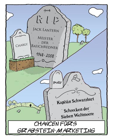 Teddy Tietz Cartoon der Kalenderwoche 29 - Neue Vermarktungsmöglichkeiten für Grabsteine