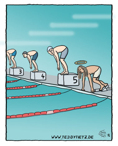 Teddy Tietz Cartoon der Kalenderwoche 20 - Wettschwimmen mit Jesus