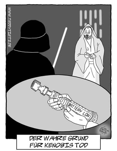 Teddy Tietz Cartoon der Kalenderwoche 47 - Kenobi stirbt, da die Batterie seines Schwerts leer war.