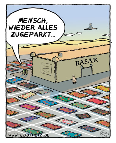 Teddy Tietz Cartoon der Kalenderwoche 14 - Parkplatznot vor dem Basar