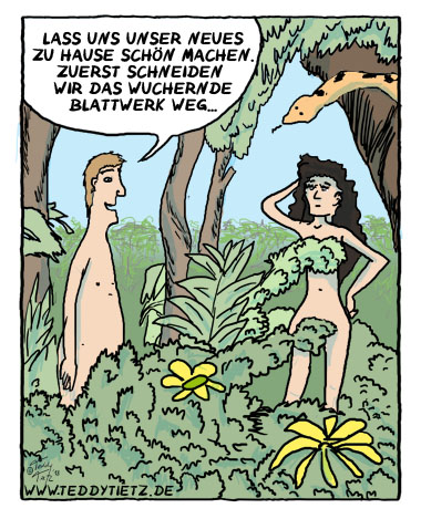 Teddy Tietz Cartoon der Kalenderwoche 32 - Pragmatischer Adam im Paradies