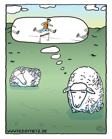 Teddy Tietz Cartoon der Kalenderwoche 4 - Schafe beim Einschlafen zählen Hürdenläufer