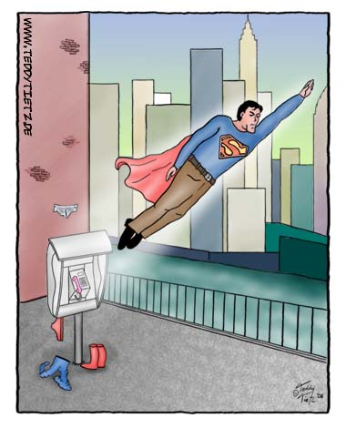 Teddy Tietz Cartoon der Kalenderwoche 13 - Superman konnte sich in Telefonhaube nur halb umziehen.