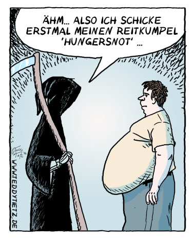 Teddy Tietz Cartoon der Kalenderwoche 27 - Tod und sein Reit-Kumpel Hungersnot